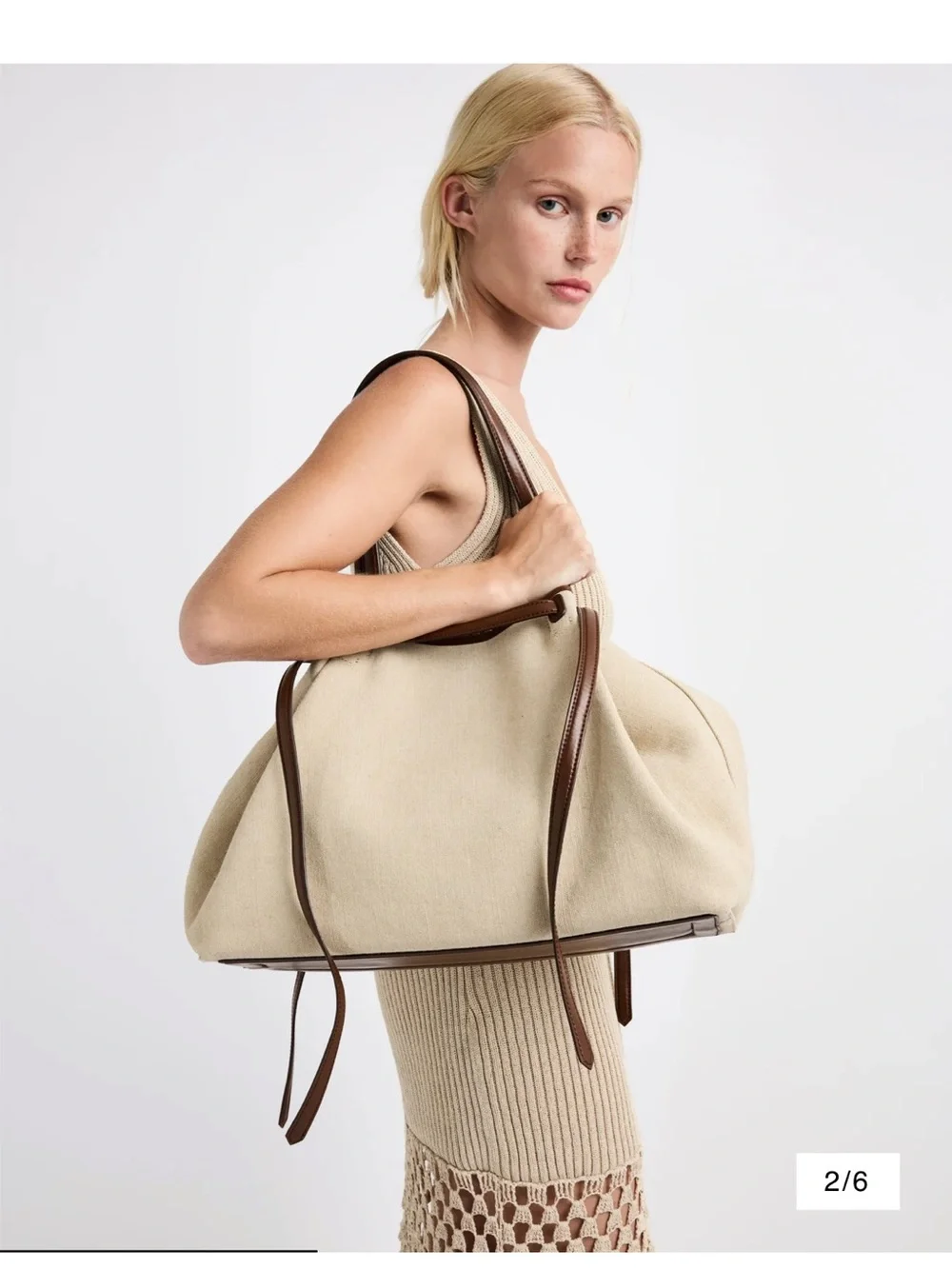 Janessa Leone Cream Canvas Tote with Brown Leather Trim